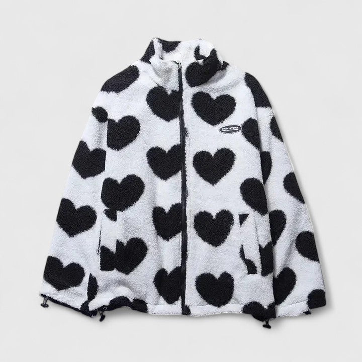 Women's Heart Print Jacket with High Collar and Zip Closure | L&S - 10 - London-stylehouse.com