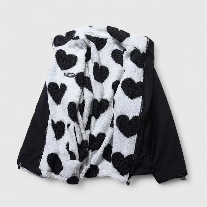 Women's Heart Print Jacket with High Collar and Zip Closure | L&S - 11 - London-stylehouse.com