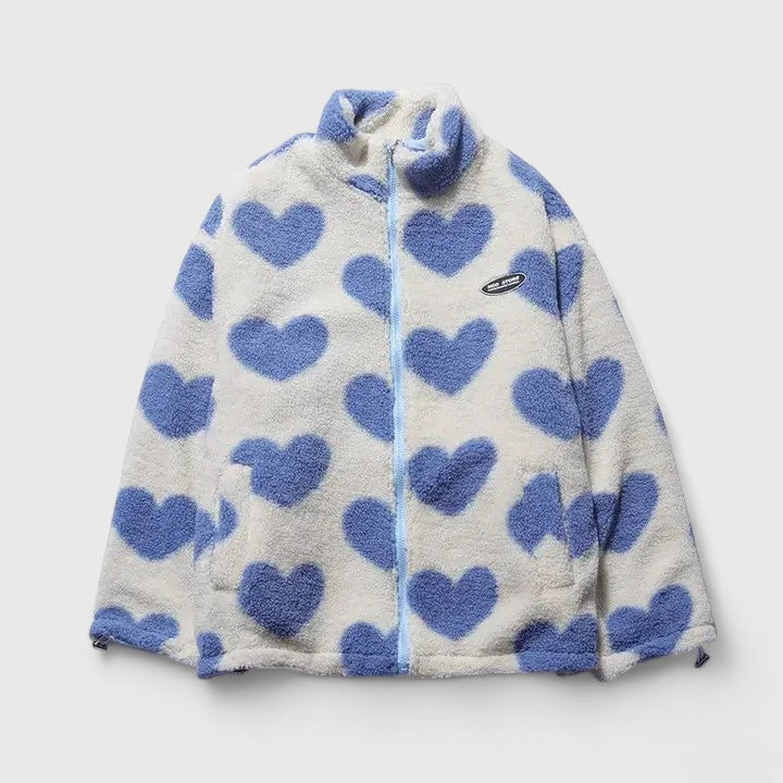Women's Heart Print Jacket with High Collar and Zip Closure | L&S - 13 - London-stylehouse.com