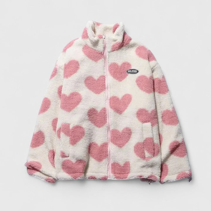 Women's Heart Print Jacket with High Collar and Zip Closure | L&S - 14 - London-stylehouse.com
