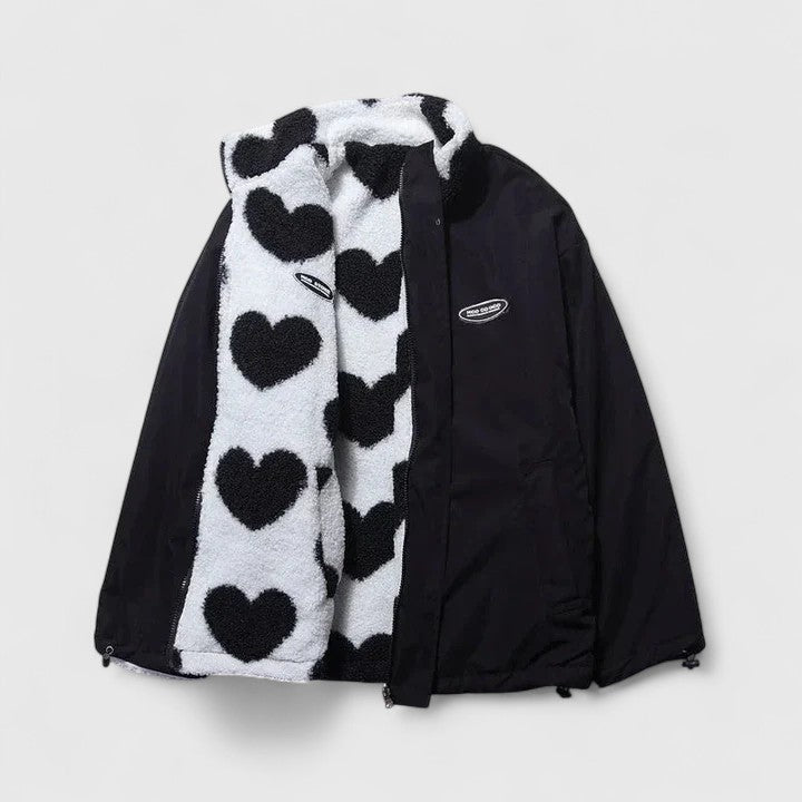 Women's Heart Print Jacket with High Collar and Zip Closure | L&S - 15 - London-stylehouse.com