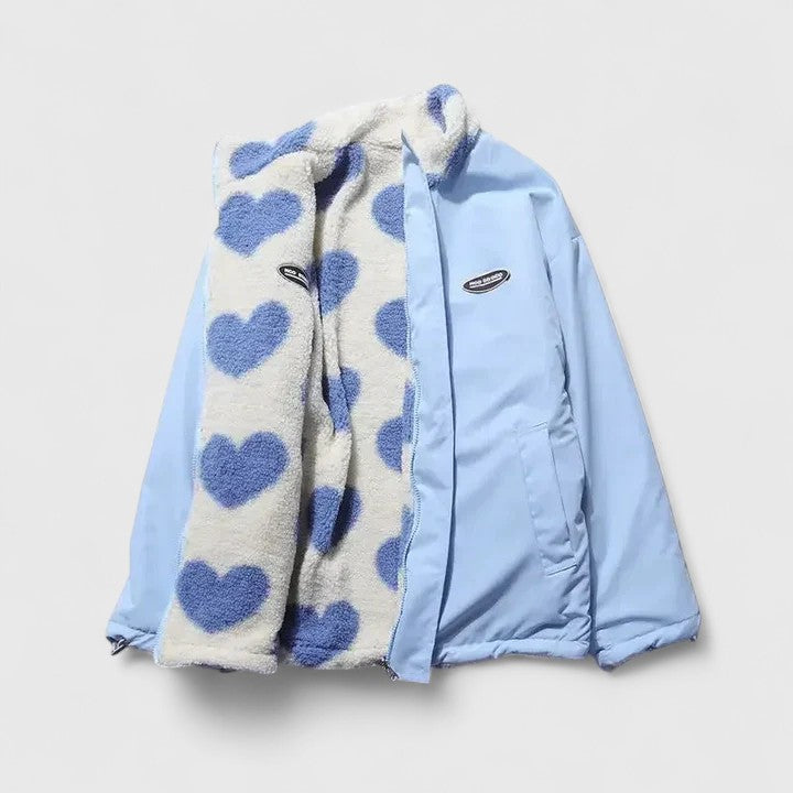 Women's Heart Print Jacket with High Collar and Zip Closure | L&S - 17 - London-stylehouse.com