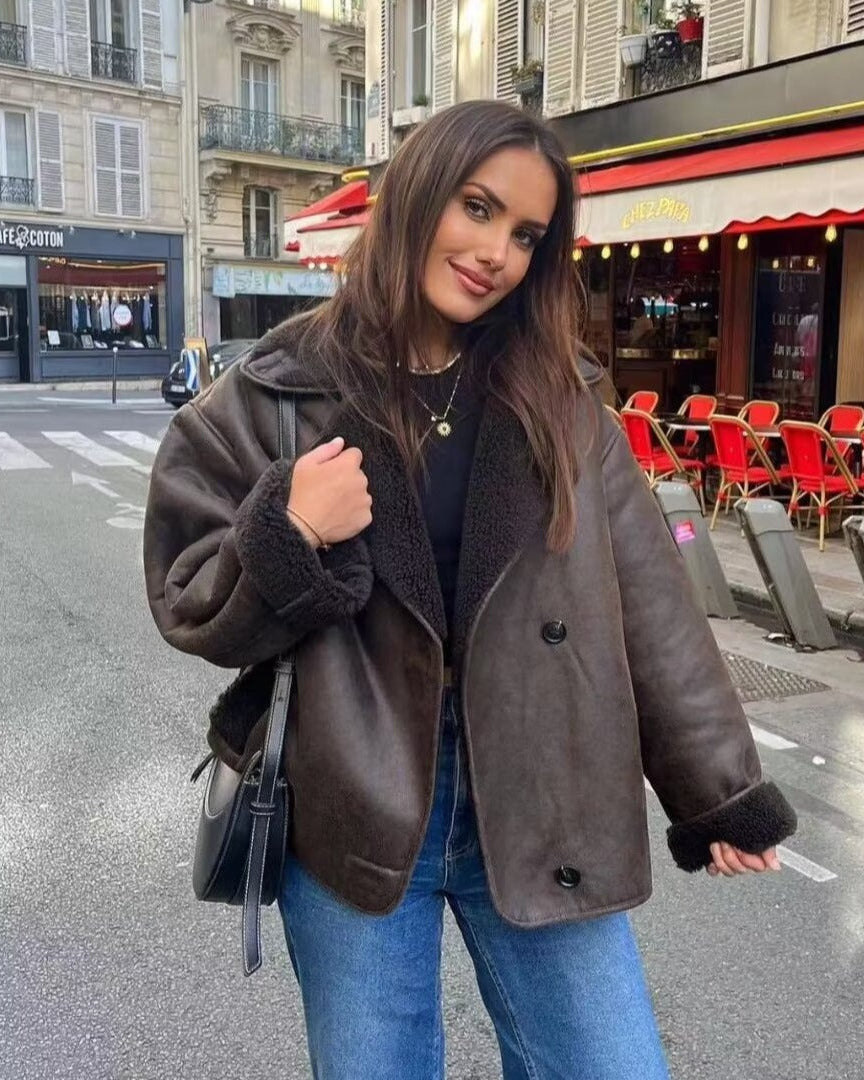 Women's Oversized Jacket with Double-Breasted Closure & Cozy Collar | L&S - 2 - London-stylehouse.com