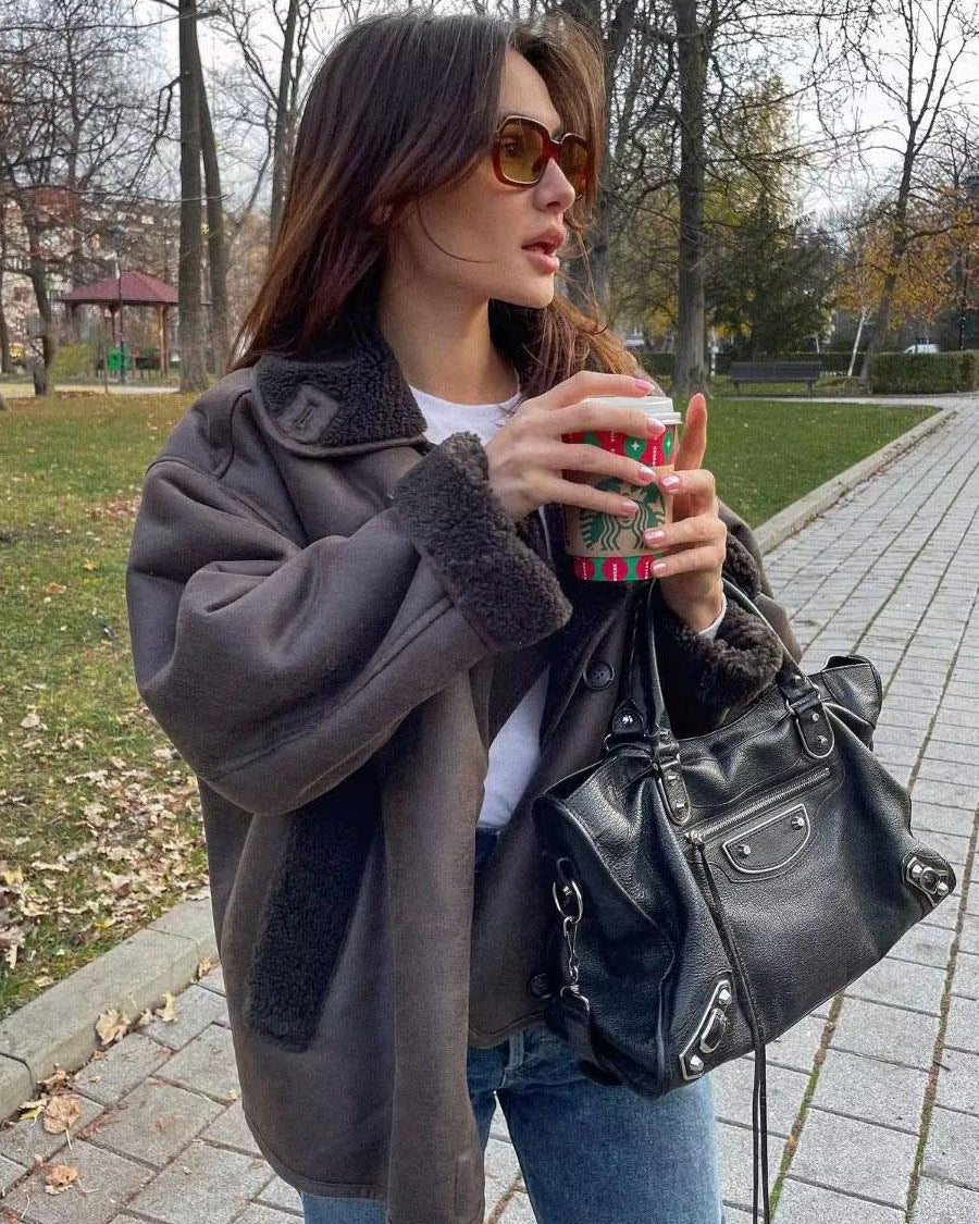 Women's Oversized Jacket with Double-Breasted Closure & Cozy Collar | L&S - 4 - London-stylehouse.com
