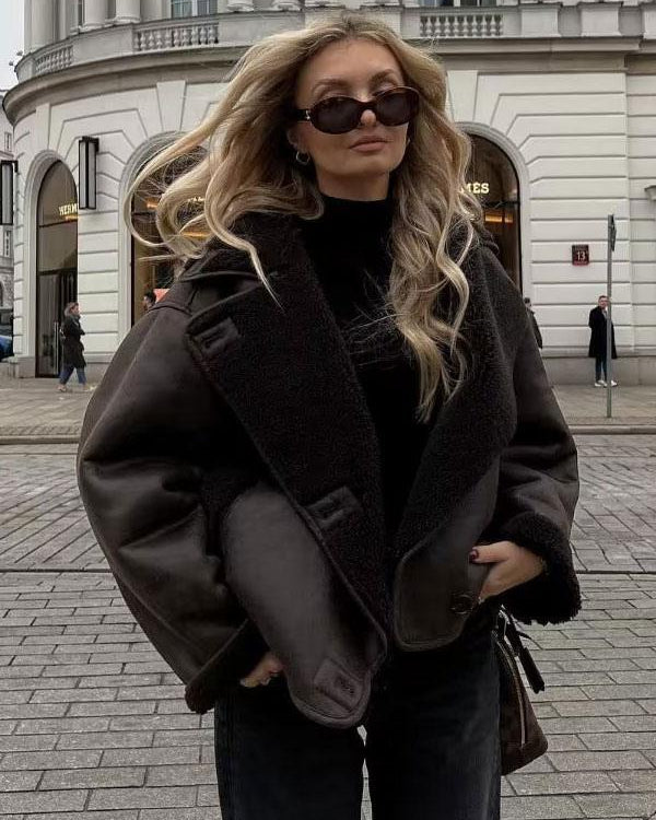 Women's Oversized Jacket with Double-Breasted Closure & Cozy Collar | L&S - 5 - London-stylehouse.com