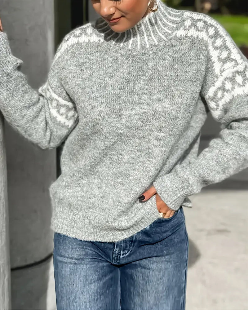 Pullover Women's Relaxed Fit with Stand-Up Collar and Chic Pattern | L&S - 3 - London-stylehouse.com