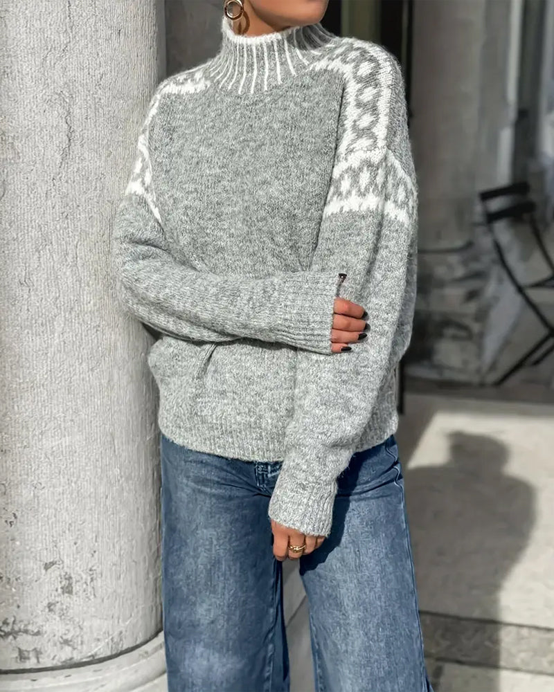 Pullover Women's Relaxed Fit with Stand-Up Collar and Chic Pattern | L&S - 5 - London-stylehouse.com