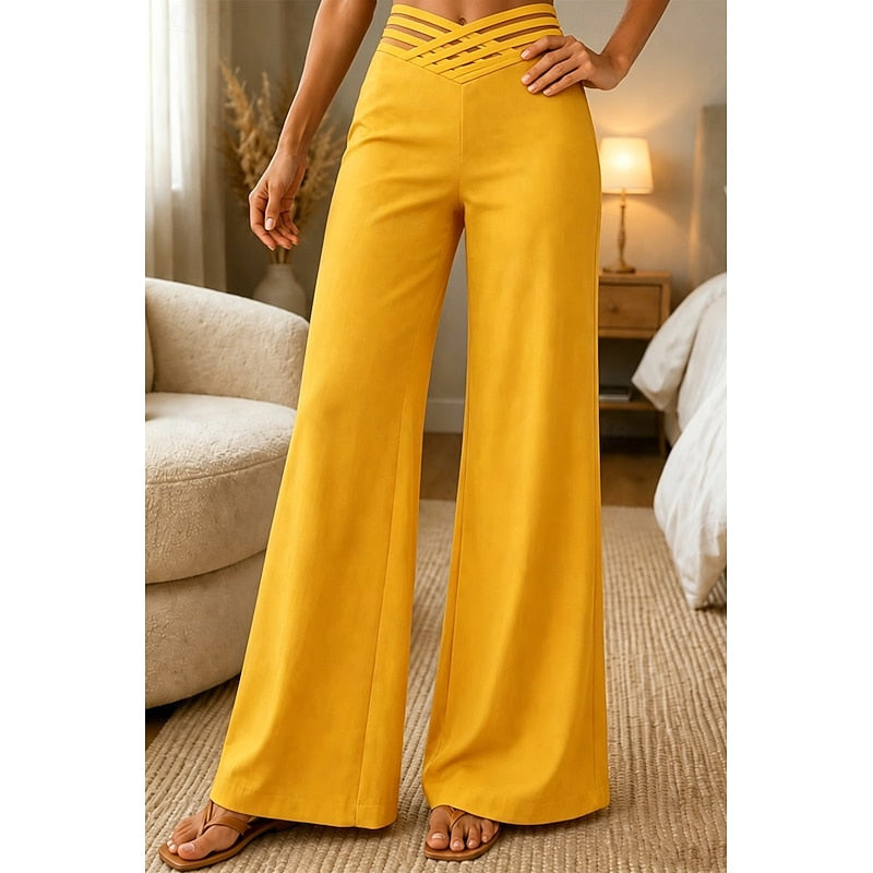 Wide Leg Trousers Women's with Cut-Out Waist Detail | L&S - 8 - London-stylehouse.com