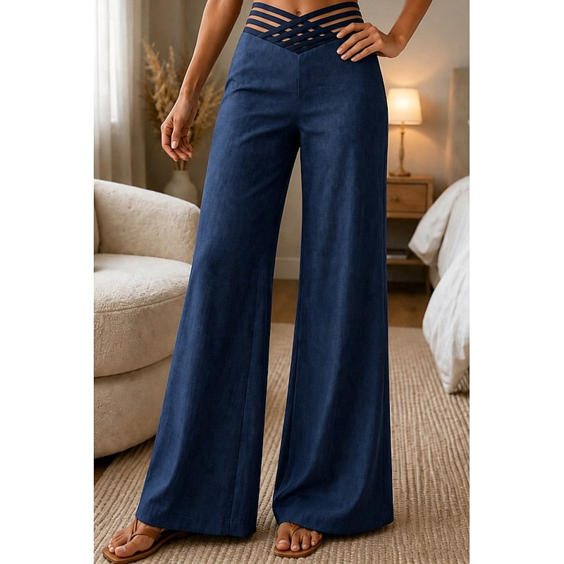 Wide Leg Trousers Women's with Cut-Out Waist Detail | L&S - 9 - London-stylehouse.com