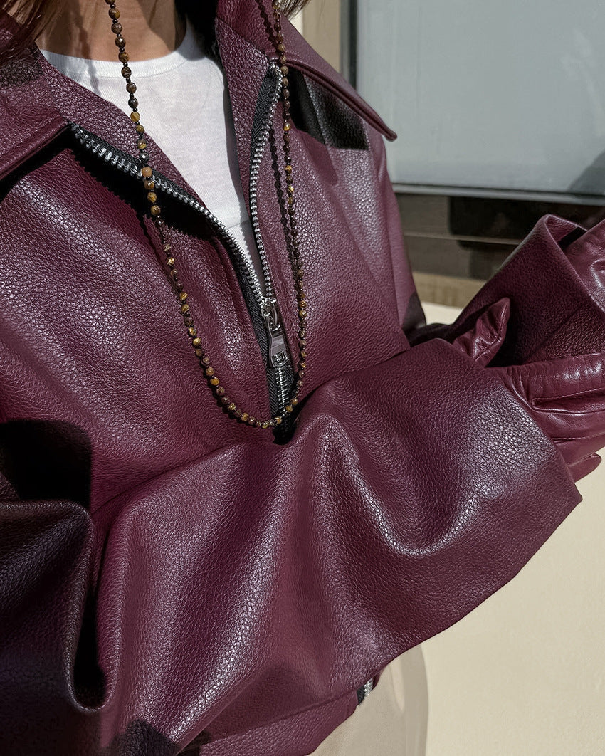 Cropped Women's Leather Jacket with Oversized Fit + Chic Design | L&S - 5 - London-stylehouse.com