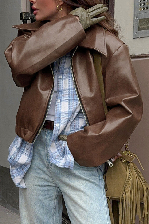 Cropped Women's Leather Jacket with Oversized Fit + Chic Design | L&S - 7 - London-stylehouse.com