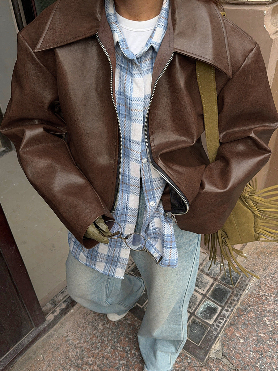 Cropped Women's Leather Jacket with Oversized Fit + Chic Design | L&S - 9 - London-stylehouse.com