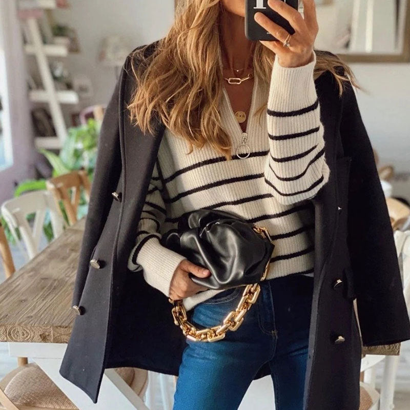 Pullover Women's Striped Zip-Up Jumper with Stand-Up Collar | L&S - 5 - London-stylehouse.com