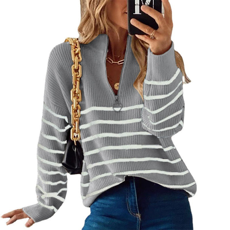 Pullover Women's Striped Zip-Up Jumper with Stand-Up Collar | L&S - 6 - London-stylehouse.com