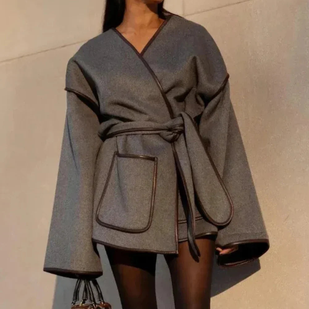 Women's Wrap Jacket with Wide Sleeves and Tie Belt | L&S - 1 - London-stylehouse.com