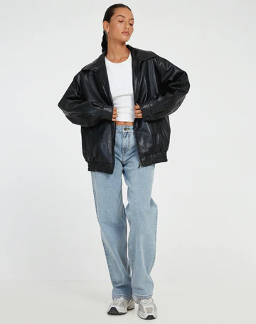 Women's Oversized Leather Jacket with Broad Collar and Casual Fit | L&S - 2 - London-stylehouse.com