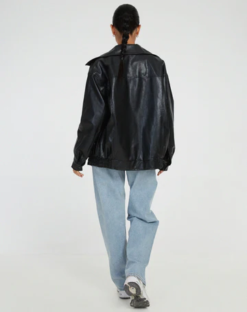 Women's Oversized Leather Jacket with Broad Collar and Casual Fit | L&S - 6 - London-stylehouse.com