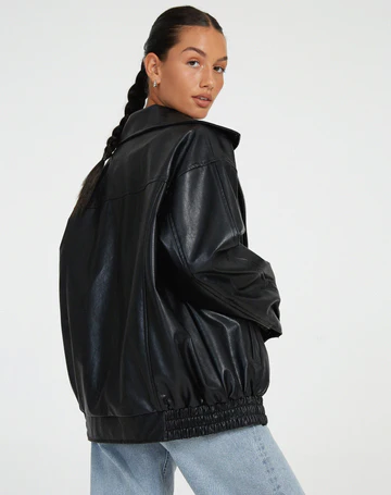 Women's Oversized Leather Jacket with Broad Collar and Casual Fit | L&S - 8 - London-stylehouse.com