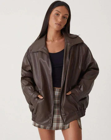 Women's Oversized Leather Jacket with Broad Collar and Casual Fit | L&S - 10 - London-stylehouse.com