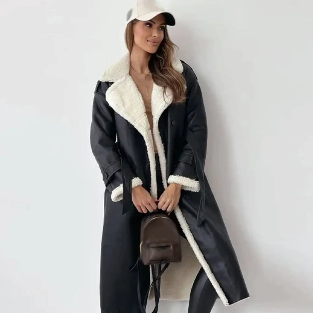 Coat Women's Double-Breasted with Shearling Collar | L&S - 1 - London-stylehouse.com