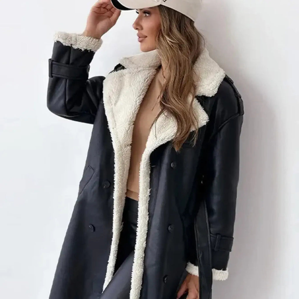 Coat Women's Double-Breasted with Shearling Collar | L&S - 2 - London-stylehouse.com