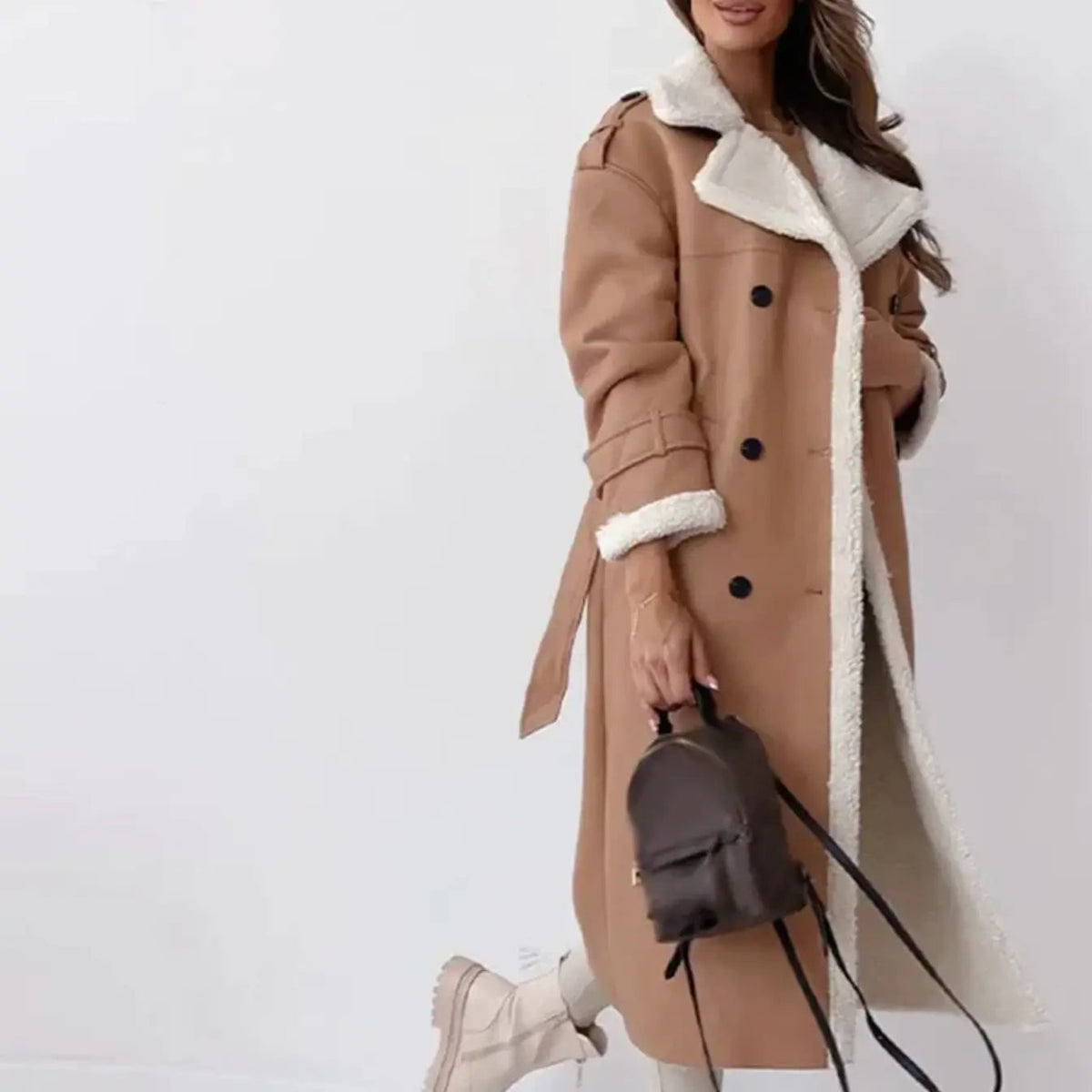 Coat Women's Double-Breasted with Shearling Collar | L&S - 4 - London-stylehouse.com