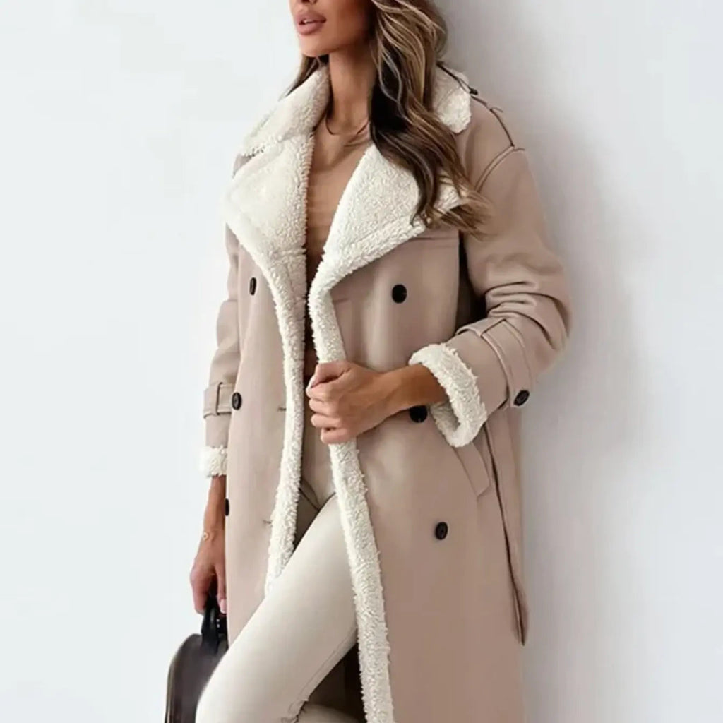 Coat Women's Double-Breasted with Shearling Collar | L&S - 6 - London-stylehouse.com