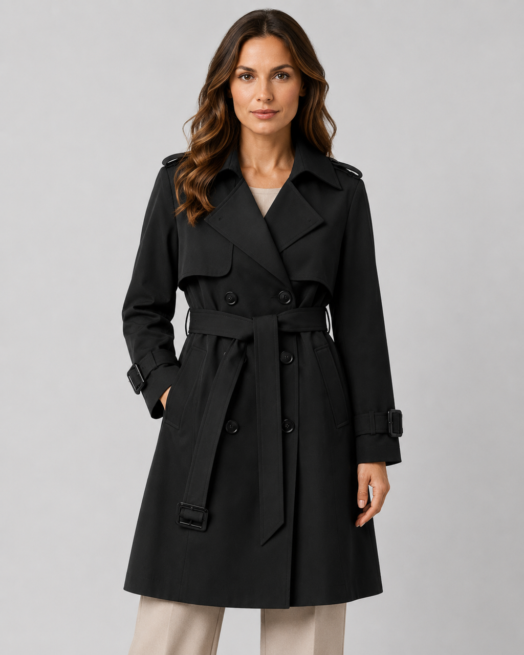 Trench Coat Women's Double-Breasted Design with Belted Waist | L&S - 1 - London-stylehouse.com