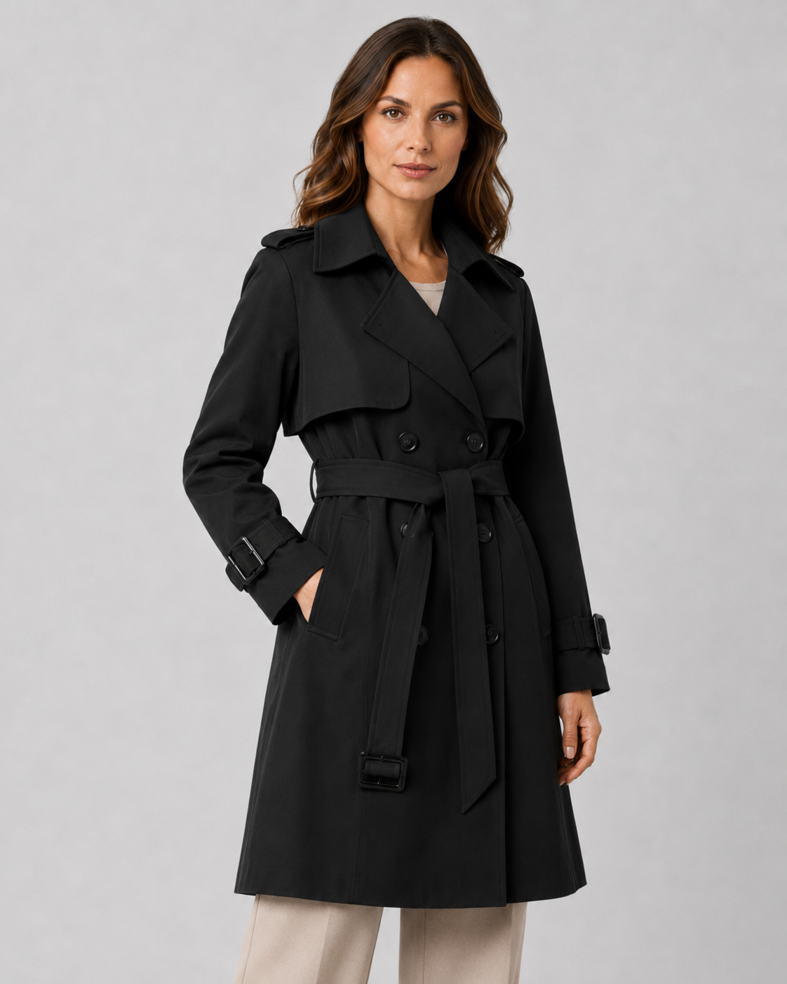 Trench Coat Women's Double-Breasted Design with Belted Waist | L&S - 2 - London-stylehouse.com