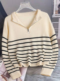Pullover Women's Relaxed Fit with Half Zip & Stripes | L&S - 1 - London-stylehouse.com