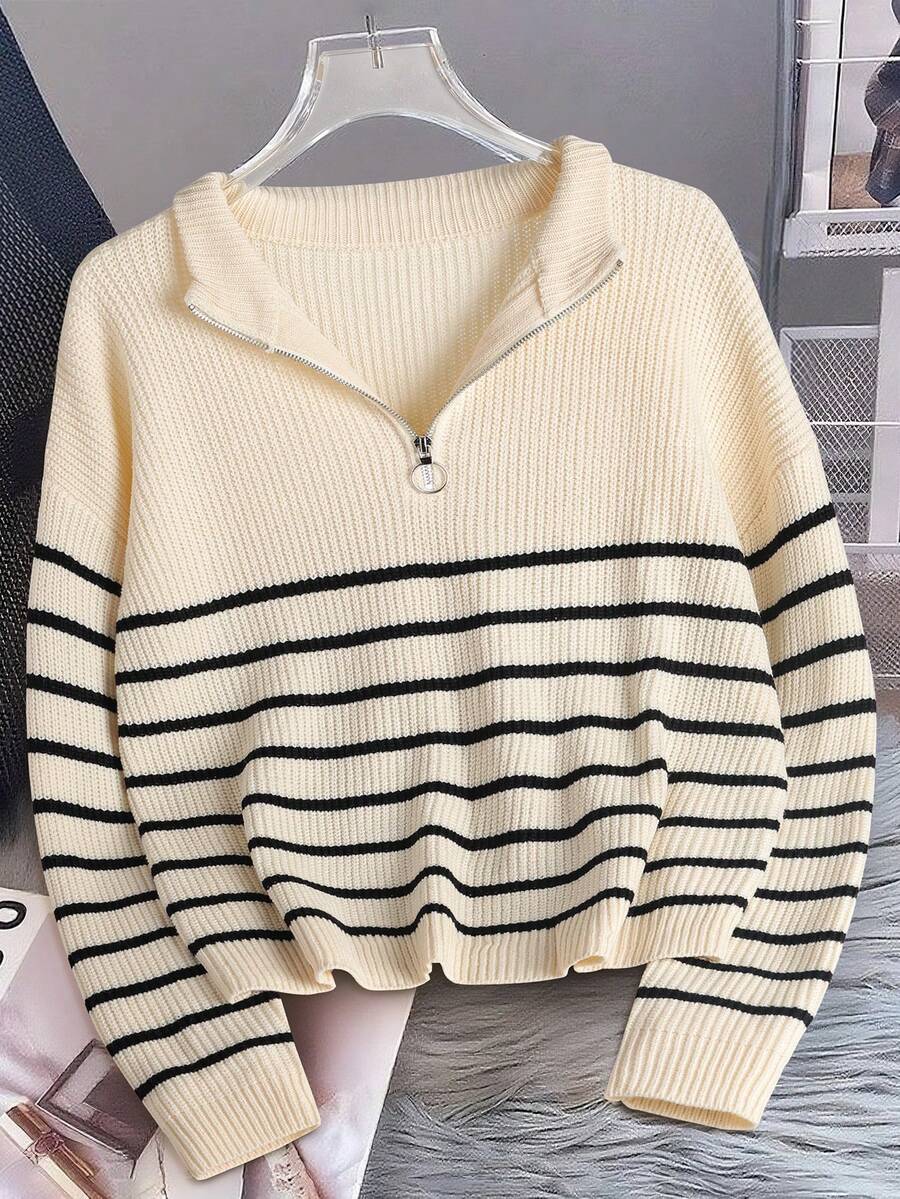 Pullover Women's Relaxed Fit with Half Zip & Stripes | L&S - 1 - London-stylehouse.com