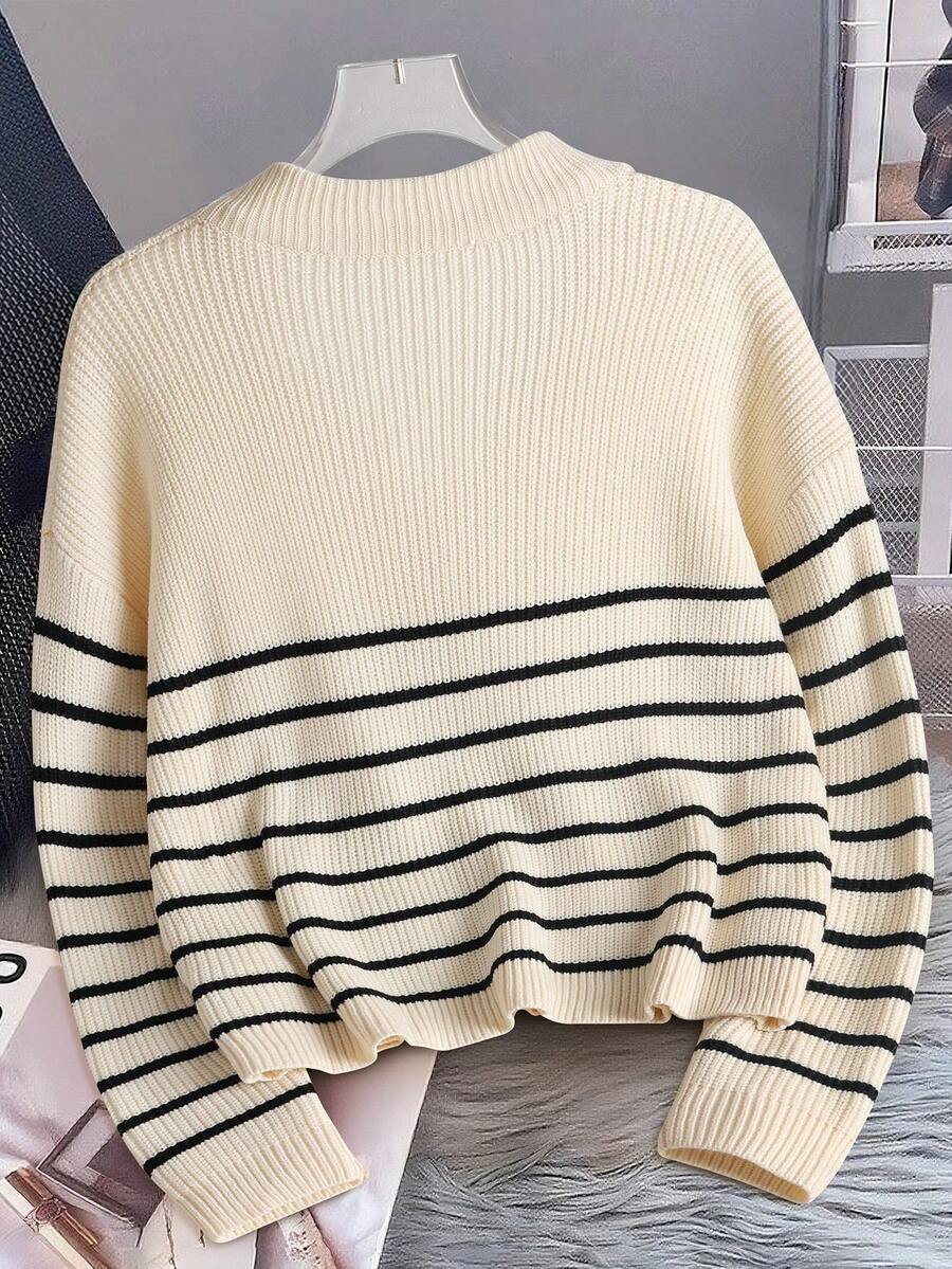 Pullover Women's Relaxed Fit with Half Zip & Stripes | L&S - 2 - London-stylehouse.com