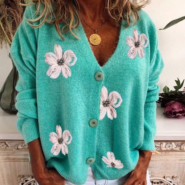 Cardigan Women’s V-Neck Floral Design with Button Closure | L&S - 1 - London-stylehouse.com
