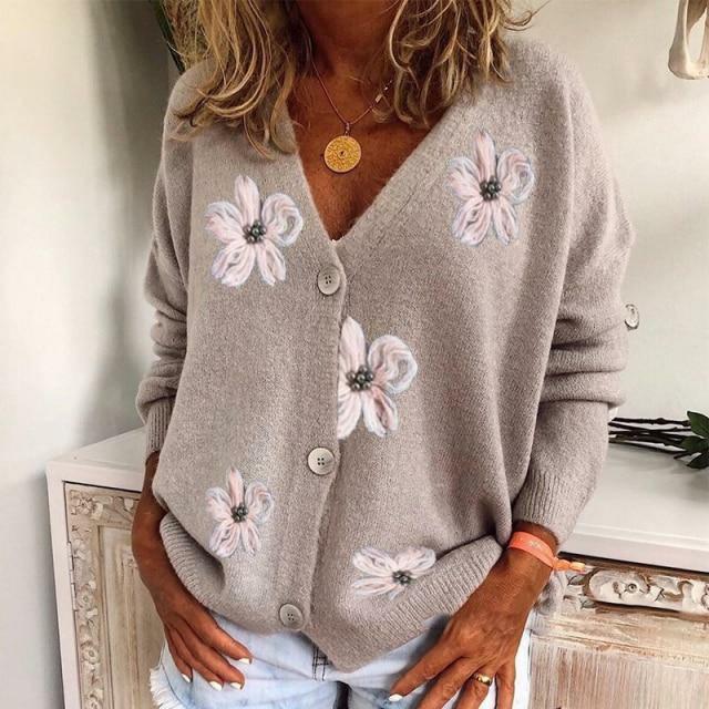 Cardigan Women’s V-Neck Floral Design with Button Closure | L&S - 3 - London-stylehouse.com