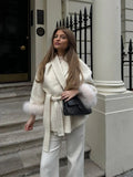 Belted Women's Coat with Fluffy Sleeves | L&S - 1 - London-stylehouse.com