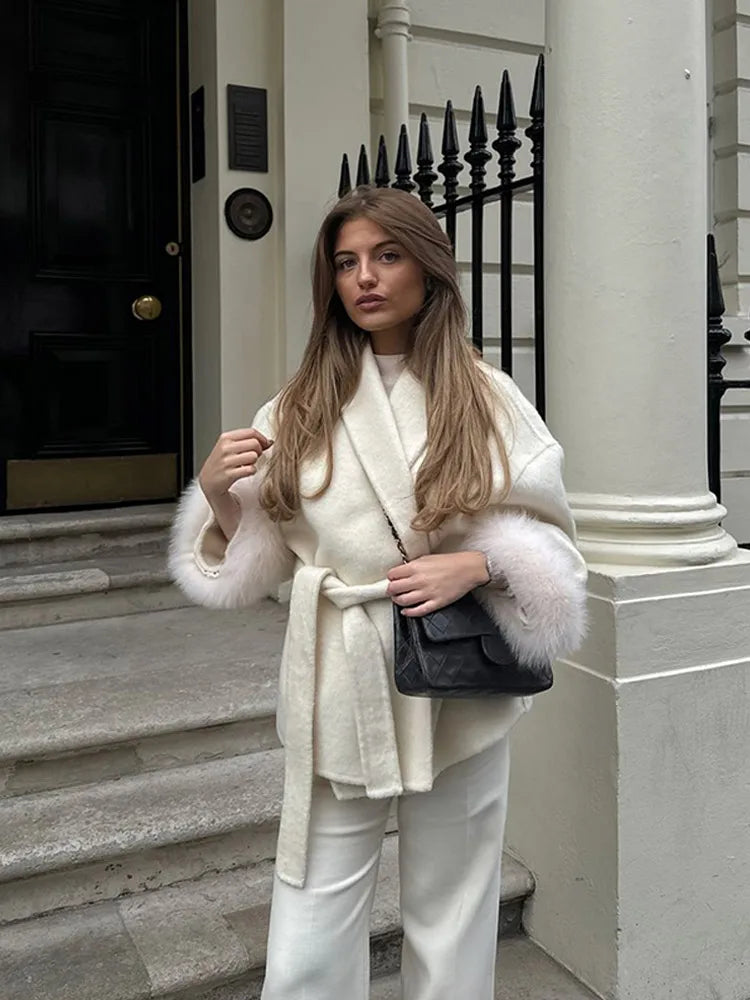 Belted Women's Coat with Fluffy Sleeves | L&S - 2 - London-stylehouse.com