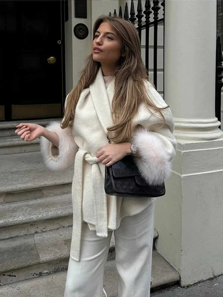 Belted Women's Coat with Fluffy Sleeves | L&S - 3 - London-stylehouse.com