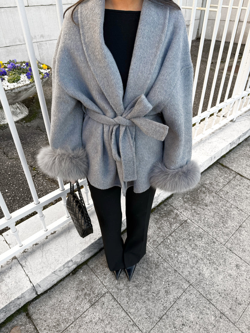 Belted Women's Coat with Fluffy Sleeves | L&S - 7 - London-stylehouse.com