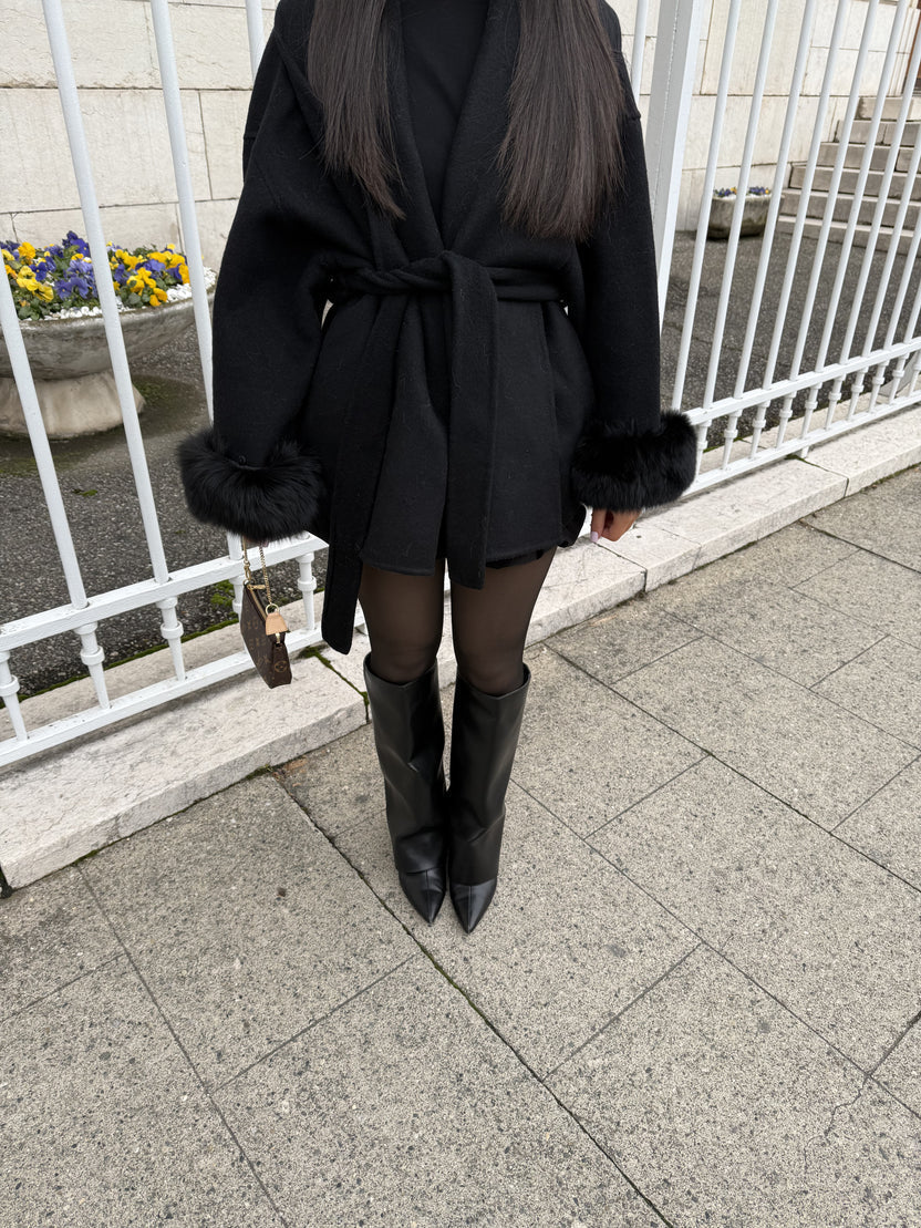 Belted Women's Coat with Fluffy Sleeves | L&S - 8 - London-stylehouse.com