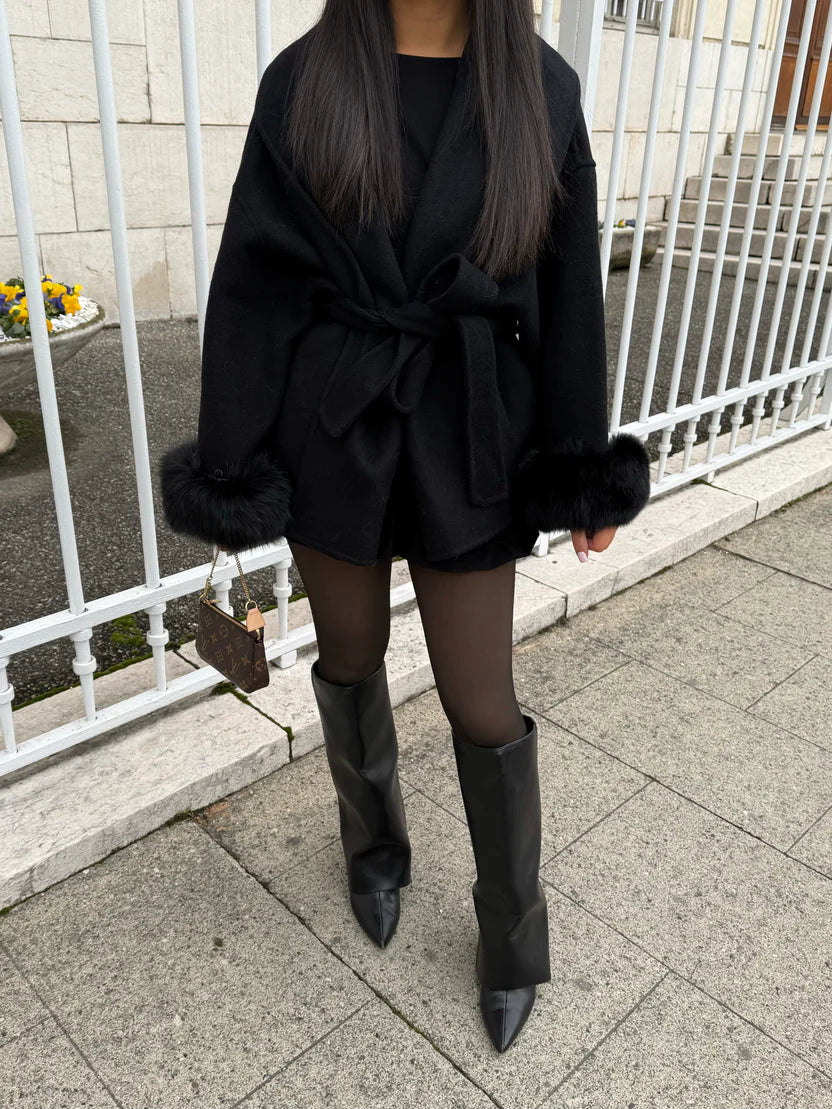 Belted Women's Coat with Fluffy Sleeves | L&S - 9 - London-stylehouse.com