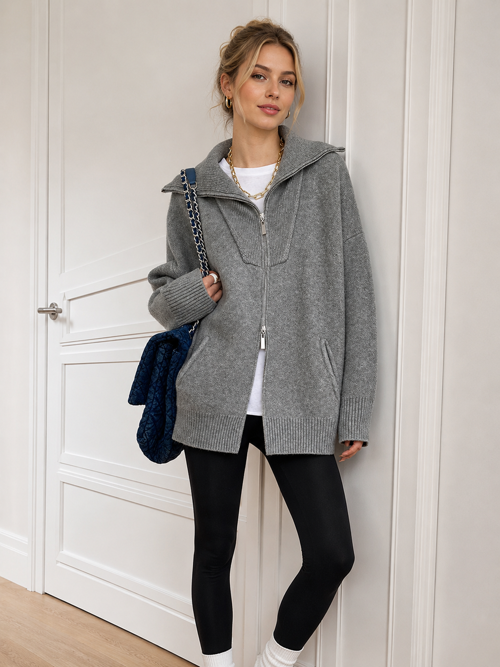 Cardigan Women's Oversized Zip-Up Design with High Collar | L&S - 2 - London-stylehouse.com