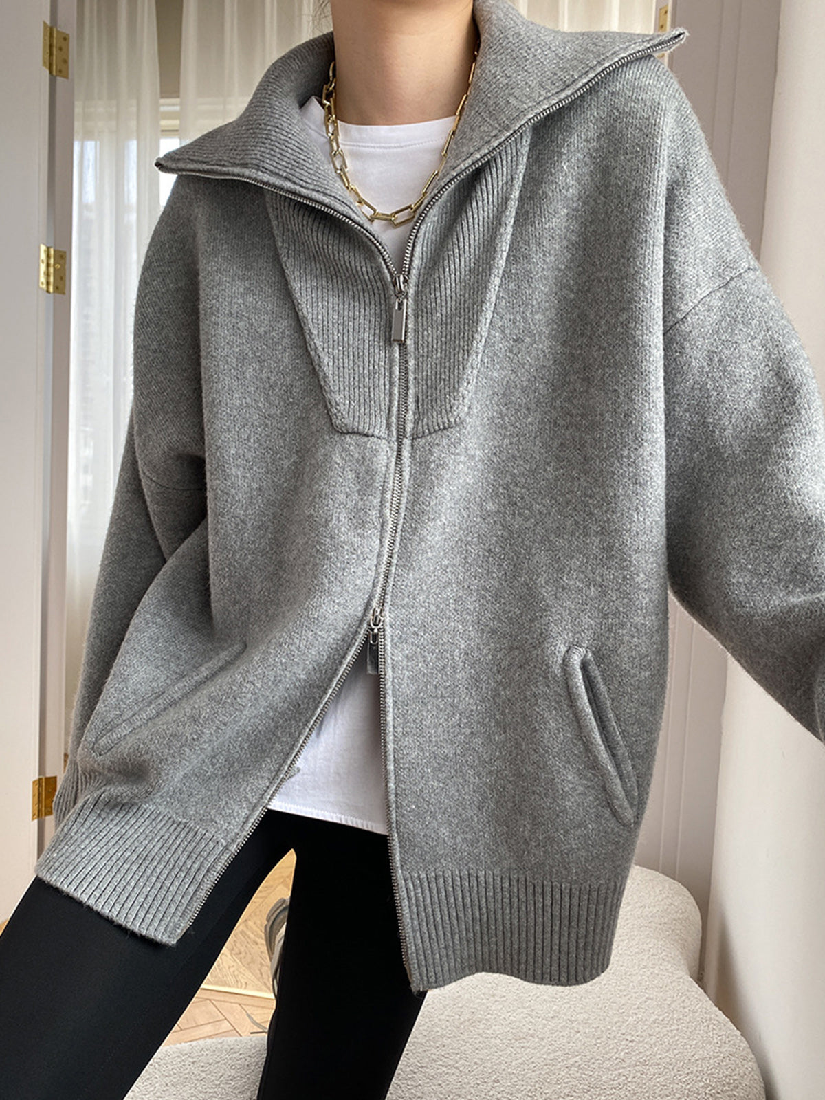 Cardigan Women's Oversized Zip-Up Design with High Collar | L&S - 4 - London-stylehouse.com