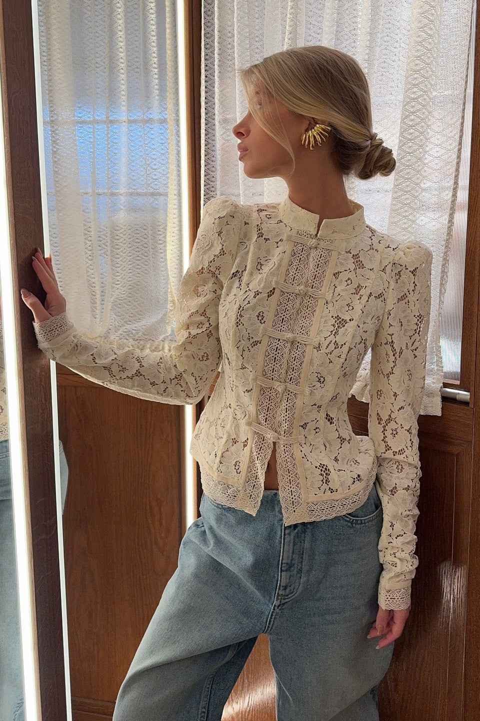 Lace Blouse Women's Tailored Fit with Mandarin Collar | L&S - 2 - London-stylehouse.com