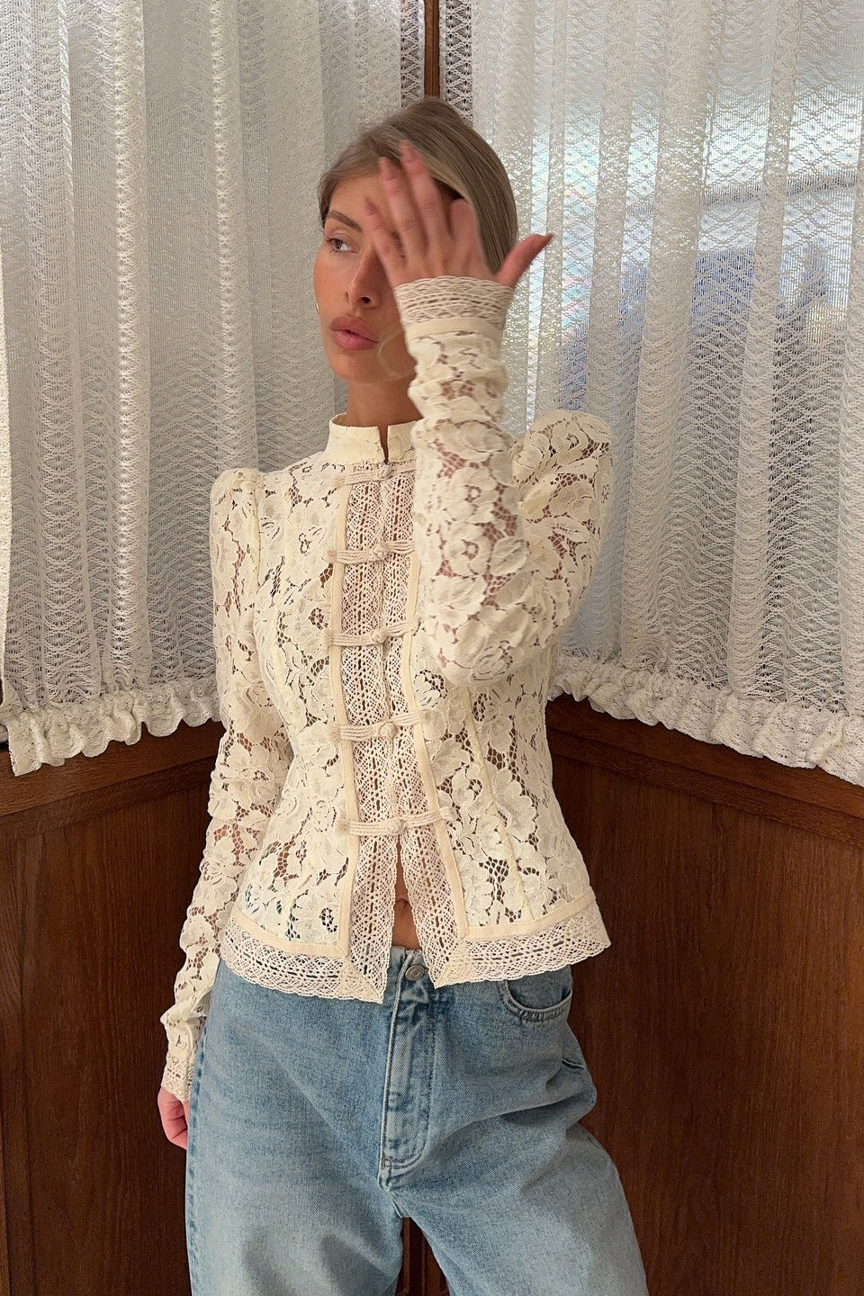 Lace Blouse Women's Tailored Fit with Mandarin Collar | L&S - 4 - London-stylehouse.com