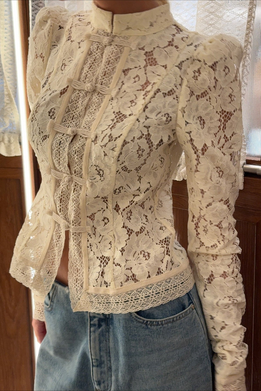 Lace Blouse Women's Tailored Fit with Mandarin Collar | L&S - 6 - London-stylehouse.com