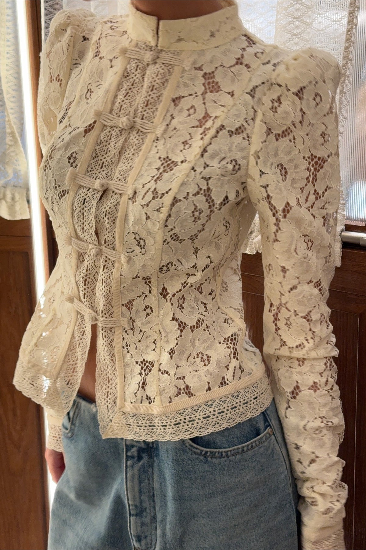 Lace Blouse Women's Tailored Fit with Mandarin Collar | L&S - 6 - London-stylehouse.com