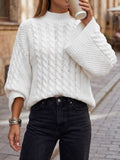 Pullover Women's High Neck Cable Knit Sweater with Bell Sleeves | L&S - 1 - London-stylehouse.com