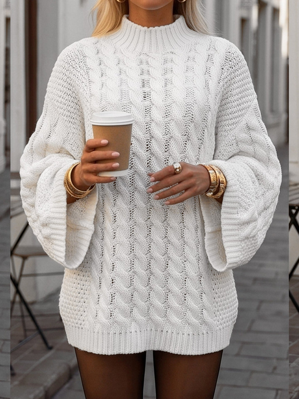 Pullover Women's High Neck Cable Knit Sweater with Bell Sleeves | L&S - 3 - London-stylehouse.com