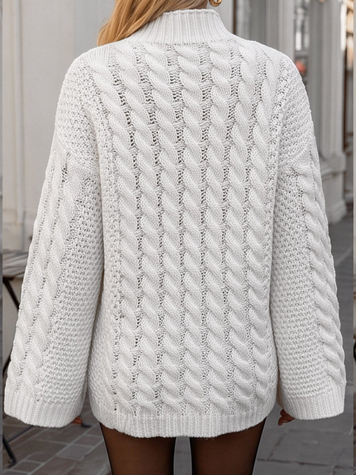 Pullover Women's High Neck Cable Knit Sweater with Bell Sleeves | L&S - 5 - London-stylehouse.com