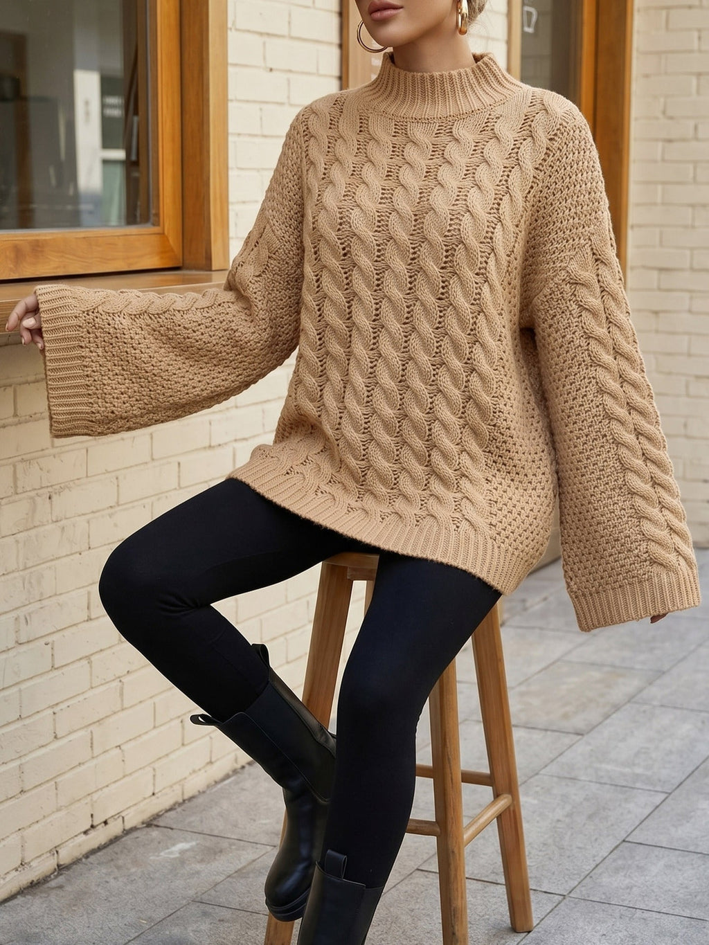 Pullover Women's High Neck Cable Knit Sweater with Bell Sleeves | L&S - 12 - London-stylehouse.com